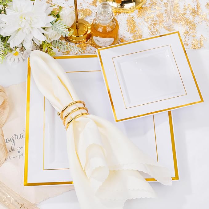 Liacere 100PCS White and Gold Square Plastic Plates-50PCS Heavy Duty 9.5inch White Dinner Plates and 50PCS 6inch White Dessert Plates - Gold Plastic Plates for Party & Christmas & New Year