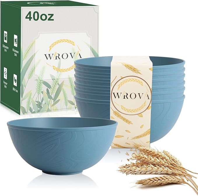 Wrova Wheat Straw Salad Bowls for Kitchen set of 6,Anti-Scald Thick Soup Bowls 40oz,Microwave and Dishwasher Safe Bowl set easy to clean. Blue