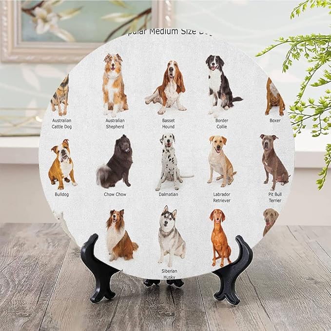 Decorative Plates, Dog Print Ornament, AGroup of Different Puppy Breeds Family Type Species, 8 Inch, Kitchen Wall Decor, Multi