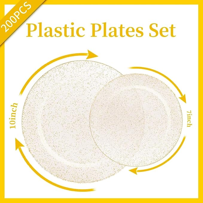 WDF 200PCS Gold Plastic Plates - Gold Glitter Plastic Plates - Heavy Duty Gold Glitter Disposable Plates - Include 100 Dinner Plates 10" and 100 Dessert Plate 7" for Party Wedding Valentine's Day