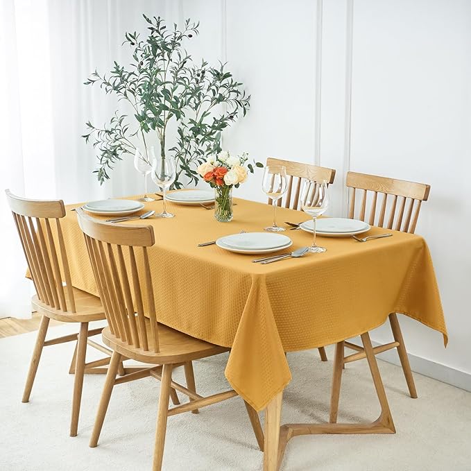 maxmill Jacquard Tablecloth Stain Resistant Waterproof Wrinkle Free Spillproof Washable Soft Weaved Texture Table Cloth for Dining Room, Indoor Outdoor Use, Rectangle 60 x 140 Inch, Ochre Yellow