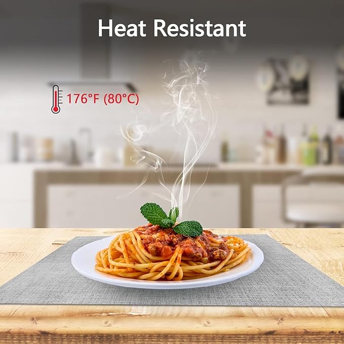 DACHUI Placemats Set of 8, Linen Look Woven Place Mats, Water Resistant, Heat Resistant, Washable, Durable Table Mats (Smoky Grey)
