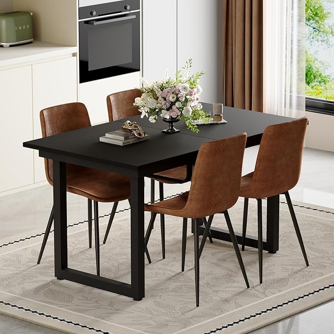 Extendable Dining Table Set for 4, 55"–71" Modern Black Kitchen Table with 4 Upholstered Chairs, Space-Saving for Living Room Apartment, Sturdy & Comfortable, Easy Assembly
