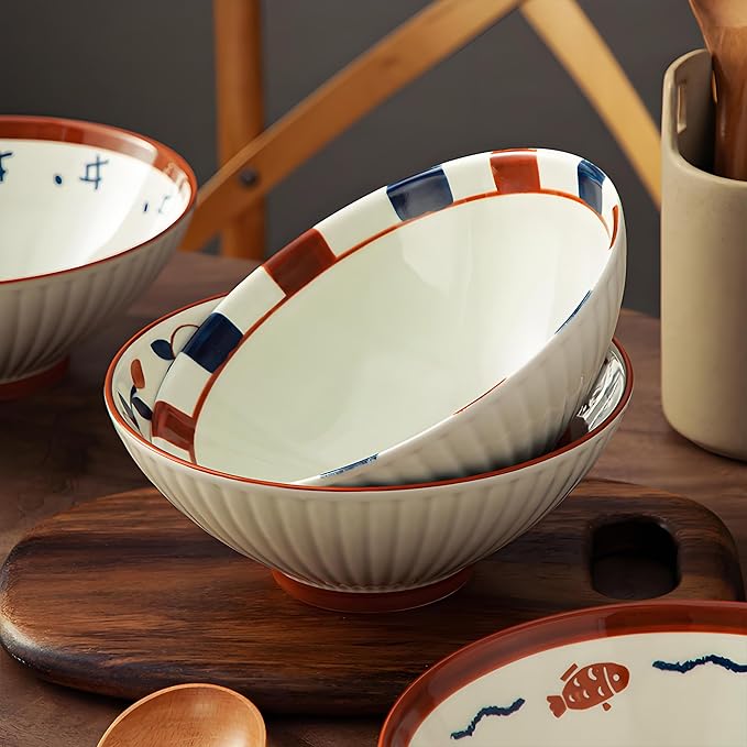 8 Inch Ramen Bowls Set of 4 with Spoon, 38 Oz Soup Bowls for Noodle,Udon,Vintage Japanese Style, Microwave & Dishwasher Safe