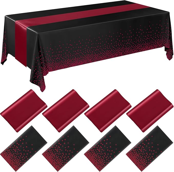 Breling 8 Pack Black and Maroon Disposable Plastic Tablecloths and Satin Table Runner Set, 54 x 108 Inch Tablecloth, 12 x 108 Inch Table Runners for Wedding Graduation Birthday Baby Shower