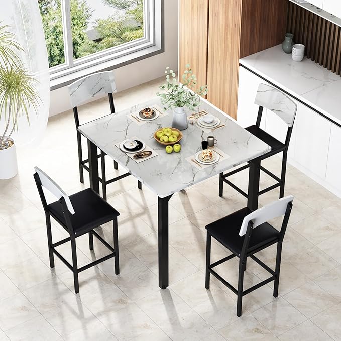AWQM 5-Piece Dining Table Set, Dining Table Set for 4, Counter Height Table & 4 Bar Stools, Modern Kitchen Dining Set, with Upholstered Chairs, Compact Dining Set for Small Spaces, Marble Texture