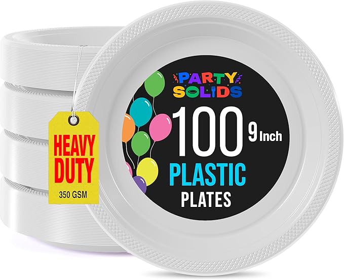 White Plastic Plates For Party 9" White Disposable Plates Heavy Duty 100 Pcs Plastic Dinnerware Sets Heavy Duty 350 GSM Disposable Dinnerware Set