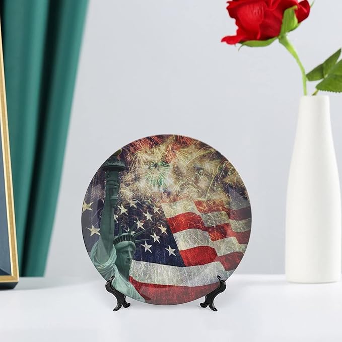Ceramic Plates, American Flag Decorative Ceramic Plates, Fireworks 4th of July, 8 Inch, for Dining, Parties, Wedding, Multicolor