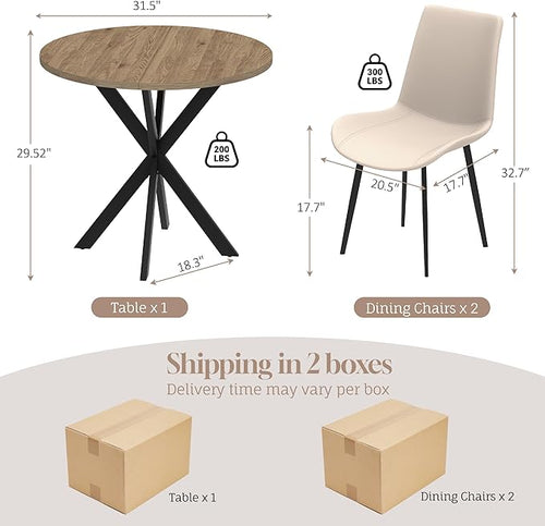 31.5" Round Dining Table and Chairs Set for 2, Small Dining Table Chairs Set Space-Saving, Round Table Set with Upholstered Chairs for Kitchen Dining Room Apartment(Natural + Beige)