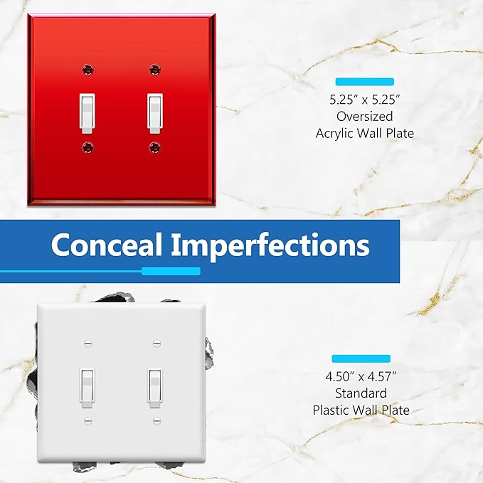 LIDER Reflective Acrylic Toggle Switch Wall Plate, Mirrored Double Light Switch Cover, Plexiglass Cover Plate, Acrylic Glass, Oversized 2-Gang 5.25" x 5.25", LWP-12O-ARD5P, Red, 5 Pack