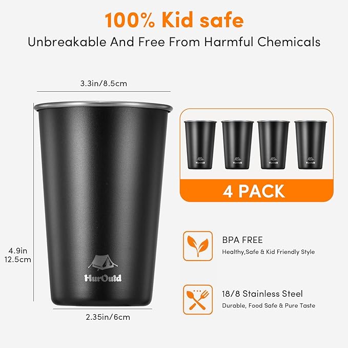 8 Pack Stainless Steel Cups 16oz -Black Stackable Metal Drinking Glasses for Camping, Travel, Shatterproof Tumblers