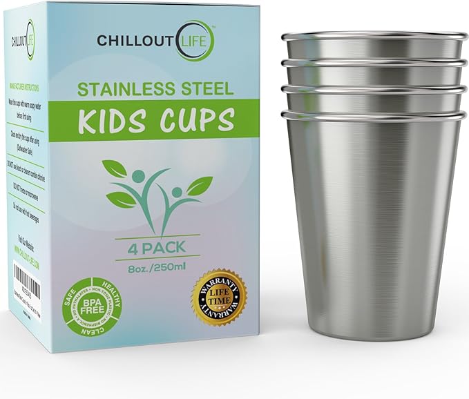 CHILLOUT LIFE Stainless Steel Kids Cups 8 oz - Stainless Steel Small Children Cups for Home & Outdoor Activities, BPA Free Unbreakable Premium Stackable Metal Drinking Glasses (4-Pack)