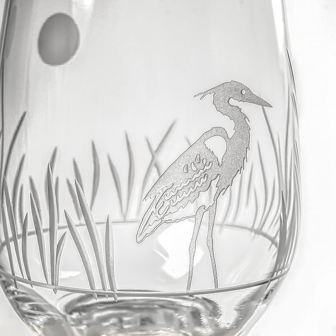 Rolf Glass Heron All Purpose Wine Glass | 18oz Set of 4 Large Wine Glasses | Lead-Free and Engraved | Designed and Engraved in the USA | Coastal Bird Design