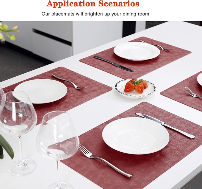 Vinyl Placemats Set of 6 Heat Resistant Easy Clean Non-Slip Place Mats for Dining Table Faux Leather Waterproof Stain Resistant Wipeable Washable PVC Table Mats(6, Red)