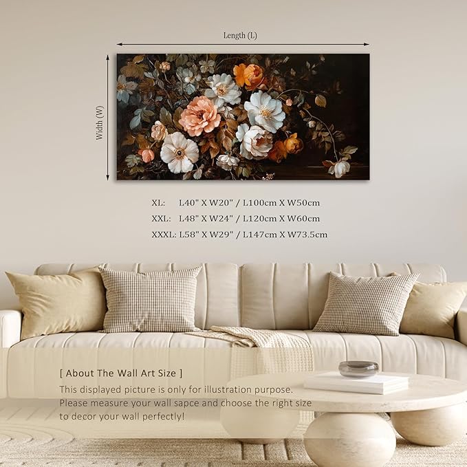 ADJUVANT Wall Art Vintage Floral Bouquet 48" L x 24" W, Old Fashioned Flowers Canvas Painting Romantic Artwork Classic Blooms Prints Botanic Wall Decor for Living Room Bedroom Dining Room Home Office