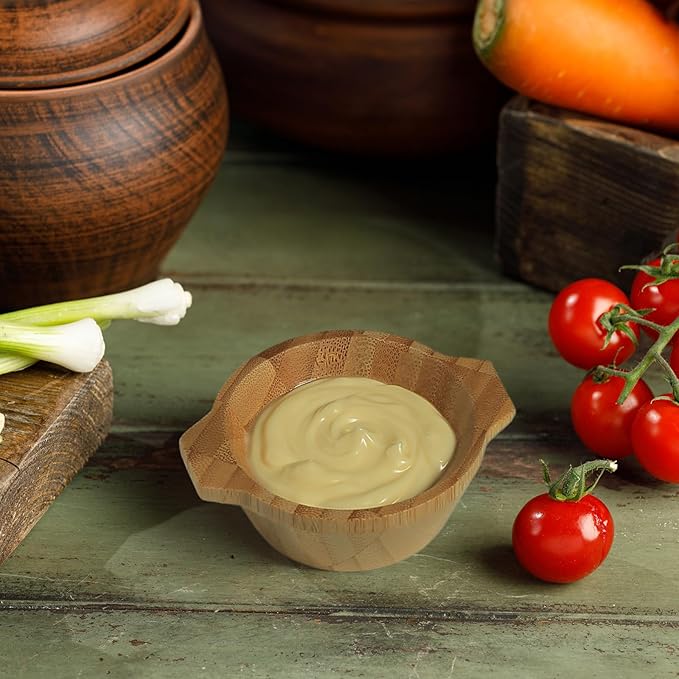 Mini Serving Bowls, 1.7 oz Small Bamboo Dipping Sauce Bowls with Handles for Charcuterie Boards/Side Dishes, Tart-shaped Pinch Bowl for Condiments/Snacks/Other Finger Foods, Set of 4