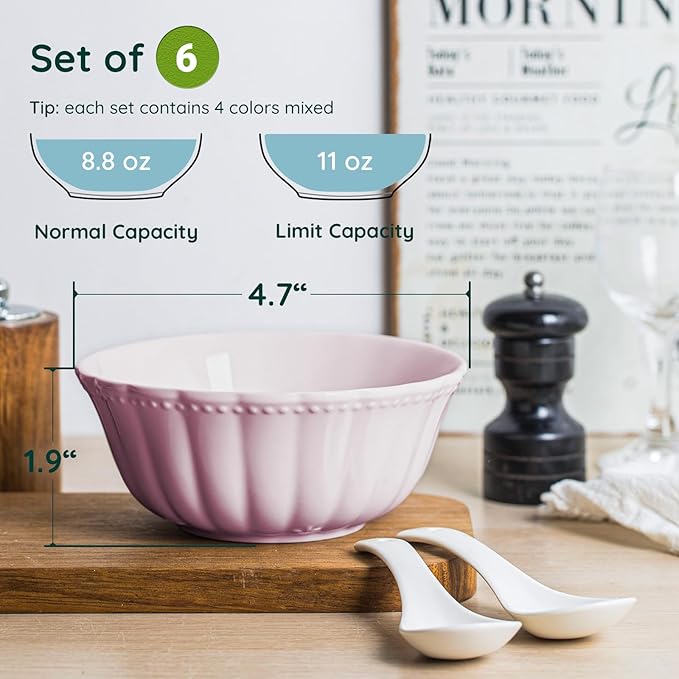 HOMBENE Color Mixing Porcelain Fruit Bowls, 4.7 Inch Serving Bowls,Ice Cream Bowl, Kitchen Bowl Set, Microwave and Dishwasher Safe, Set of 6