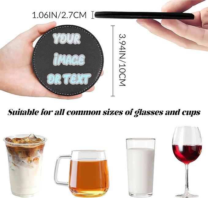 Custom Coasters, Personalized Coasters with Logo/Name/Photo, Set of 6 Leather Coaster with Holder, for Coffee Table, Bar, Beer, Wine Cup Housewarming