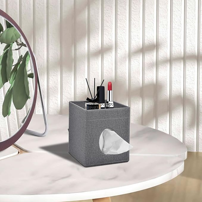 Tissue Box Cover with Storage Tray Square Tissue Box Holder PU Leather Facial Tissues Organizer Tray for Bathroom Vanity Bedroom Office Car,Stylish Napkin Caddy Decorative Organizer (Grey)