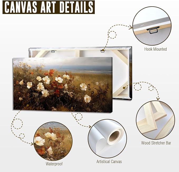 ADJUVANT Wall Art Vintage Coastal Wildflower Field 40"L x 20"W, Seaside Meadow With White And Orange Blooms Canvas Painting Nature Artwork Retro Floral Prints Botanic Wall Decor for Living Room Bedroom