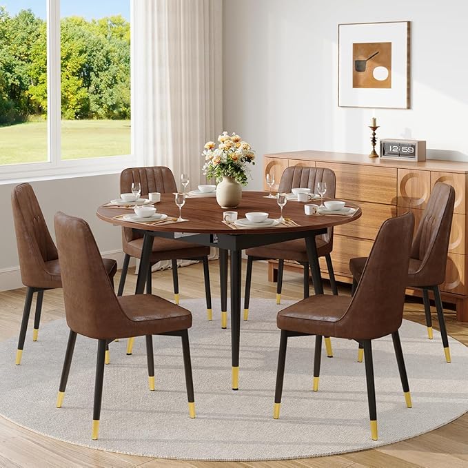 53” Round Dining Table Set for 6｜7 Piece Wood Dining Table Set｜Extendable Dining Room Table with 6 Chairs｜Walnut Wooden Tabletop with Metal Legs｜Easy Assembly｜Space Saving｜for Kitchen, Living Room