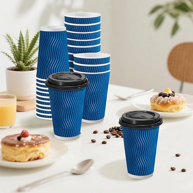 100 Pack Coffee Cups with Lids 16 oz, Disposable Insulated Ripple Wall To Go Paper Coffee Cups for Hot/Cold Drinks Office Home Shop Event (Navy)