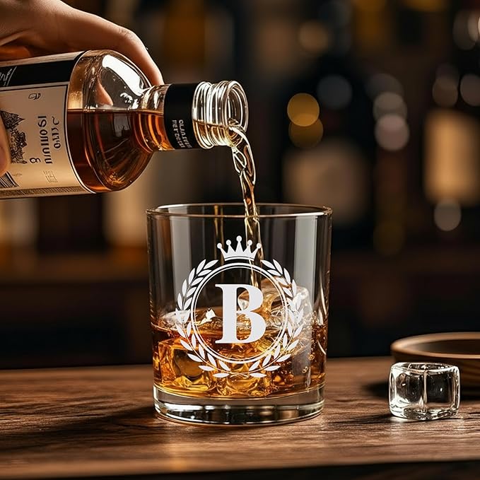 Whiskey Glasses - Rocks Old Fashioned Glass Gifts for Men, Monogrammed A-Z 10oz Personalized Whisky Glasses, Christmas Birthday Gifts for Men Him Dad Father Husband Brother Son (B)