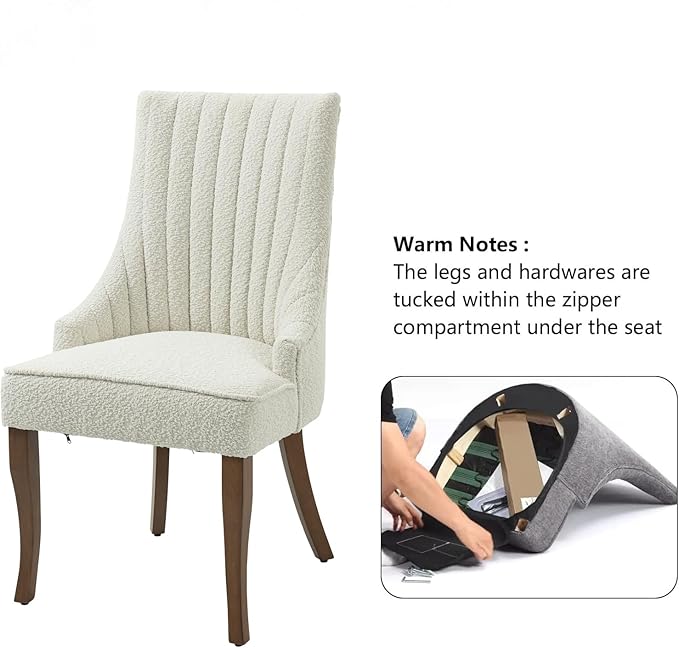 mikibama Boucle Dining Chairs Set of 2 Channel Tufted Kitchen Dinner Chair Comfy Teddy Fabric Upholstered Accent Chair for Dining Room with Solid Wood Legs (Off White 2pc)