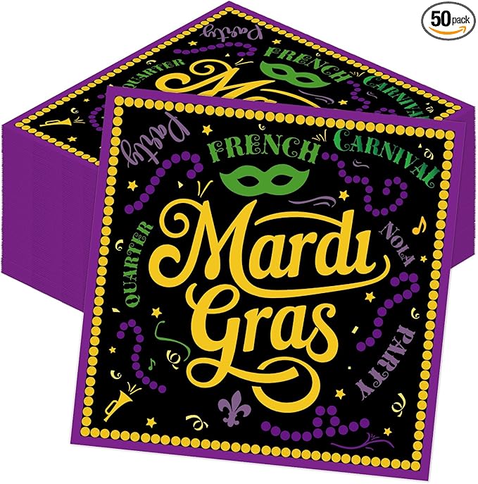 Mardi Decorations for Gras Party - 50PCS Mardi Party Gras Napkins Supplies Disposable, Fat Tuesday Carnival Paper Napkin Decor (Size 6.5 Inch)