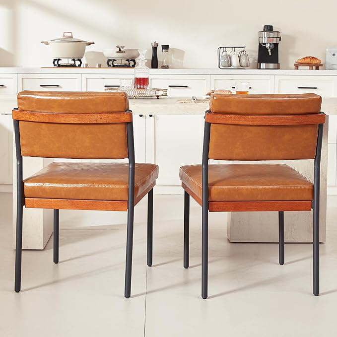 Modern Dining Chairs Set of 4, Kitchen Chairs with Thick Cushions and Adjustable Foot Pads, Upholstered Faux Leather Dining Room Chairs with Sturdy Metal Legs,Brown