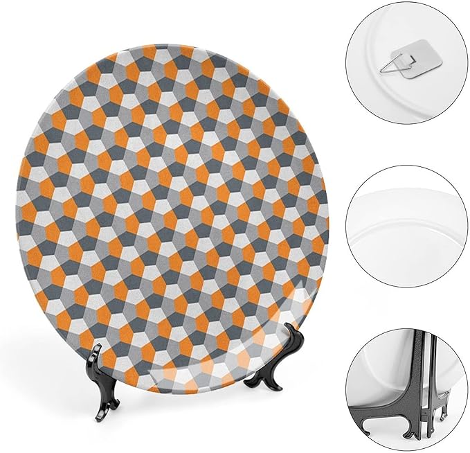 Ceramic Plates, Abstract Decorative Ceramic Plates, Modern Style Mosaic Tile with Hexagonal Shapes, 6 Inch, for Dining, Parties, Wedding, Grey Charcoal Grey Orange