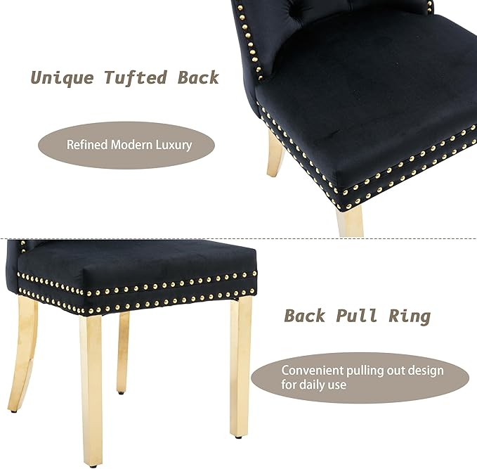 KCC Velvet Dining Chairs Set of 2, Upholstered High-end Tufted Dining Chair with Nailhead Back Ring Pull Trim Stainless Steel Legs, Contemporary Nikki Collection Modern Style for Kitchen, Black
