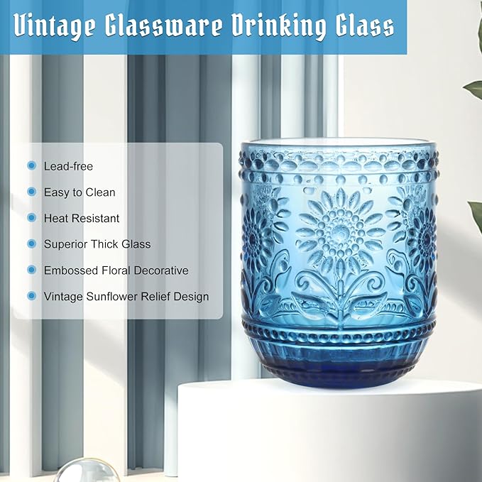 Topsky Vintage Drinking Glass Set of 6,12 oz Embossed Floral Decorative Glassware Set,Glass Cups Wine Glasses Beverages Tumblers Colored Glassware for Whisky,Beer,Juice,Cocktail,Heavy Duty