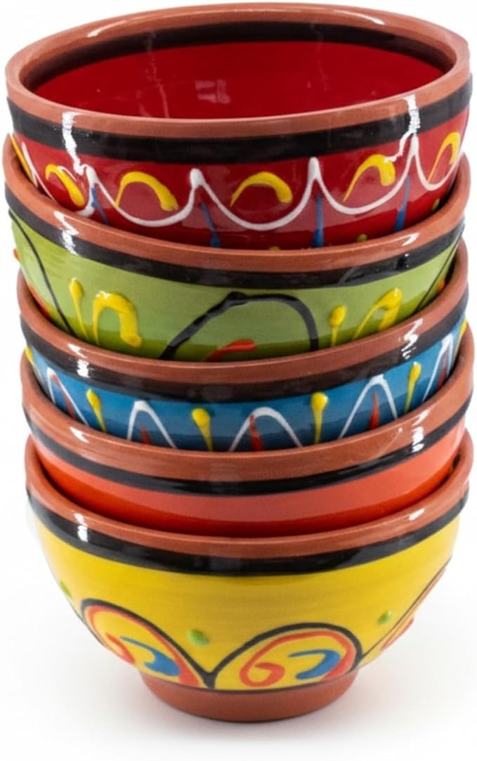 Cactus Canyon Ceramics Salsa Bowls - Spanish Terracotta Multicolor Decor - Small Serving Bowl (European Size), Festive Dinnerware 5 Piece Set - Dishwasher & Microwave Safe