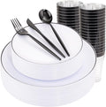 EI 180pcs White Plastic Dinnerware Set Include Black Disposable Silverware,Dinner and Dessert Plates,Cups,White Plastic Plates with Black Rim Perfect for Wedding,Birthday,Partys,Business Events,Hotel