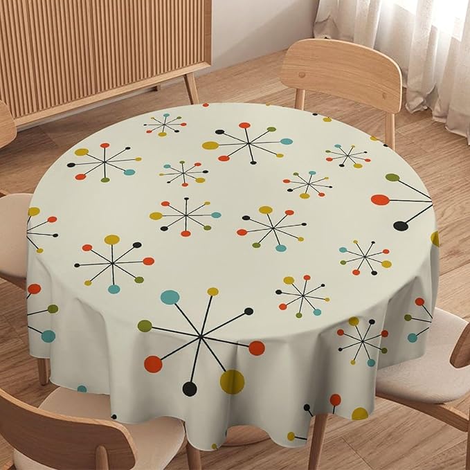 Medieval Round Tablecloth, Boho Mid Century Abstract Modern Retro Colors Pattern Tablecloth for Home Party Dining Room Kitchen Decor 50Inch(127cm)