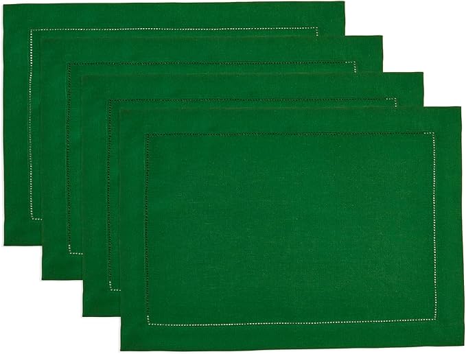 Solino Home Linen Cloth Placemats Set of 4-100% Pure Linen Hemstitch Garden Green Placemats 14 x 19 Inch - Classic Hemstitch Table Place Mats for Winter, St Patricks Day, Easter