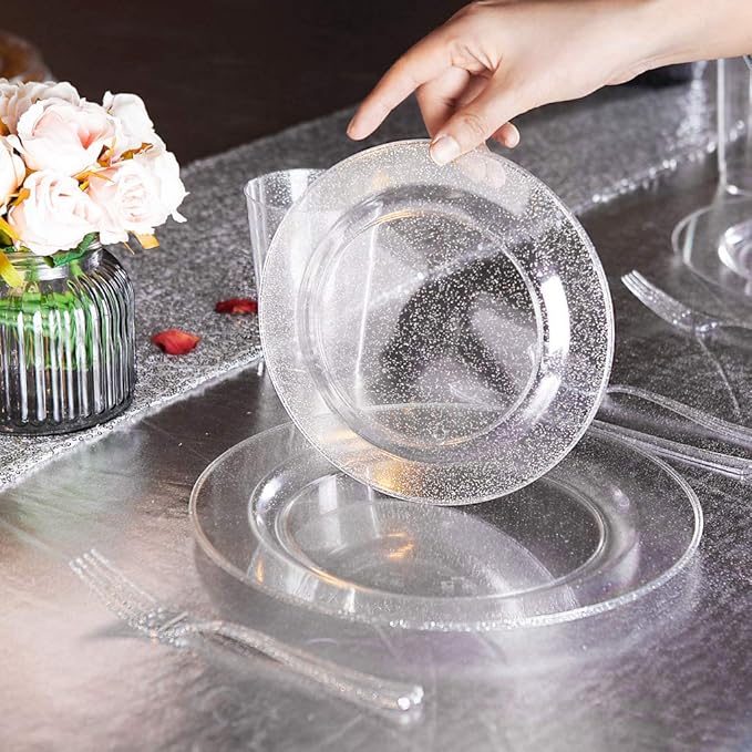 I00000 144Pcs Silver Glitter Dessert Plates Set, Includes 72Pcs Plastic Dessert Plates 7.5",72Pcs Silver Forks 7.4", Plastic Salad Plates for Birthday, Wedding & Party