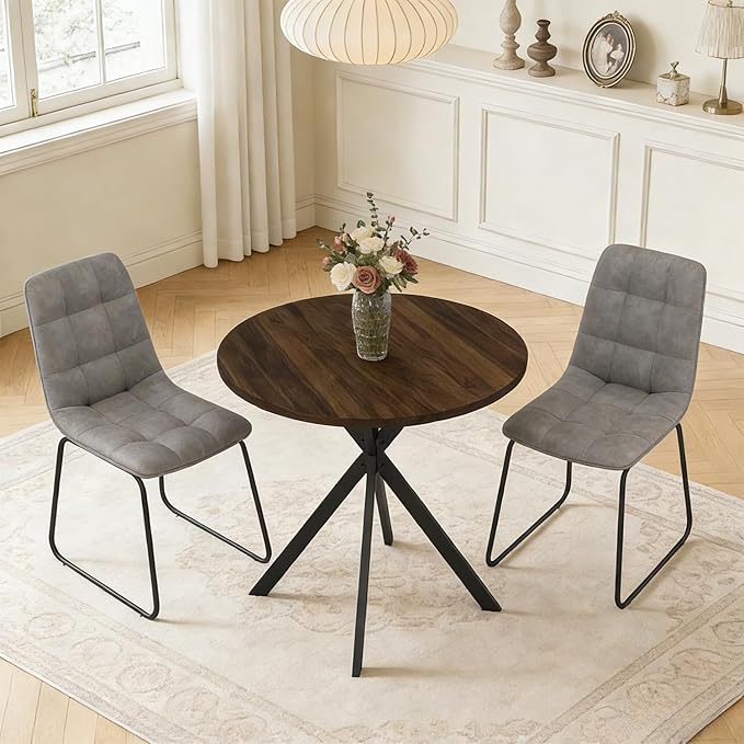 31.5" Round Dining Table Chairs Set for 2, Small Dining Table Chairs Set Space-Saving, Small Dinette Sets for 2 for Kitchen Dining Room Apartment(Walnut Table + Gray Chairs)