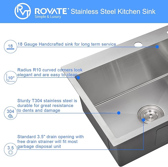 ROVATE 20 x 16 inch Drop-in Kitchen Sink Single Bowl, Topmount Kitchen Sink Handmade, 304 Stainless Steel Overmount Kitchen or Bar Sink with Basket Strainer, 20 x 16 x 9 inch