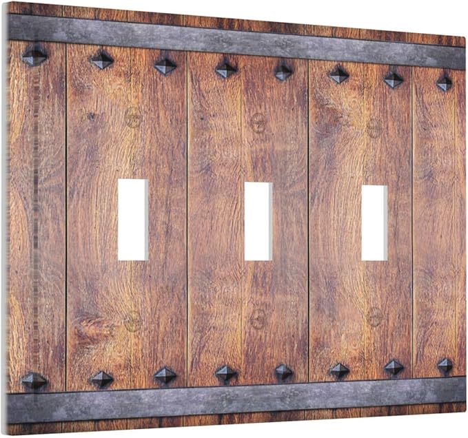 Light Switch Cover Rustic Farmhouse Barn Door Vintage Wood 3 Gang Wall Plate Triple Light Switch Plate Toggle Decorative Outlet Covers Electrical Switchplate for Bathroom Cabin Decor