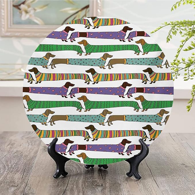 Ceramic Display Plate, Dog Lover Ceramic Hanging Decorative Plate, Cartoon Style Dachshunds Dressed in Pyjamas Chevron, 6 Inch, Household Custom Ceramic Plate, Multicolor