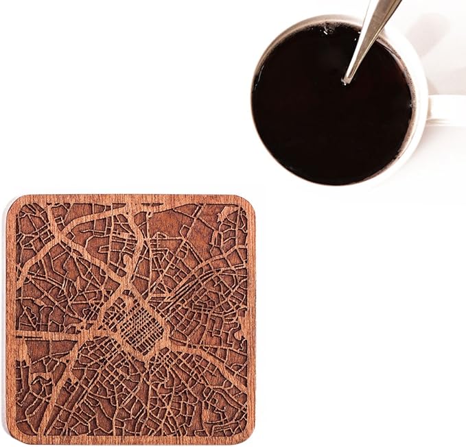 Charlotte, NC Map Coaster by O3 Design Studio, Set Of 4, Sapele Wooden Coaster With City Map, Handmade