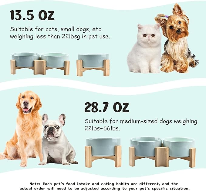 SPUNKYJUNKY 15° Slanted Ceramic Dog and Cat Bowl with Wooden Stand, Tilted Bulldog Food and Water Bowl No Slip Non-Spill for Cats Medium Dogs Big Face Pets 28.7 OZ (3.6 Cups, Morandi Green × 2)