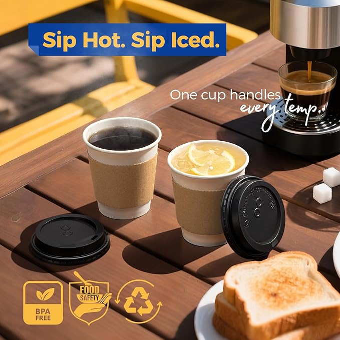 Fit Meal Prep 100 Pack 10 oz Disposable Coffee Cups with Lids, Sleeves, Leak-Proof To Go Coffee Cups with Lids, Durable Paper Cups for Hot Beverage, Home, Office, Party
