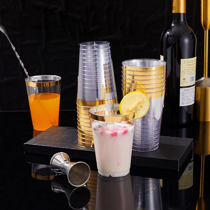 N9R 72PCS Gold Plastic Cups, 12OZ Clear Plastic Cups with Gold Rim, Disposable Cups Perfect for Parties, Wedding and Birthday