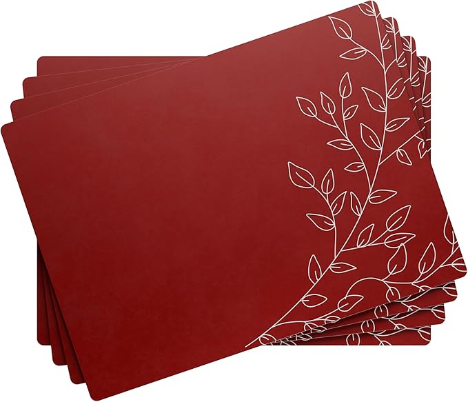 Royalty Art Dark Red Boho Placemats, 4 Pc. Set, Non-Slip Cork Backed, Wipeable Heat Resistant Surface for Kitchen and Dining Table Protection, Cute Floral Pattern for Farmhouse or Rustic Decor
