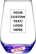 DISCOUNT PROMOS 50 Vaso Silicia Stemless Wine Glasses Set, 16 oz. - Personalized Text, Logo - Clear, Orb-Like, Thick base - Purple
