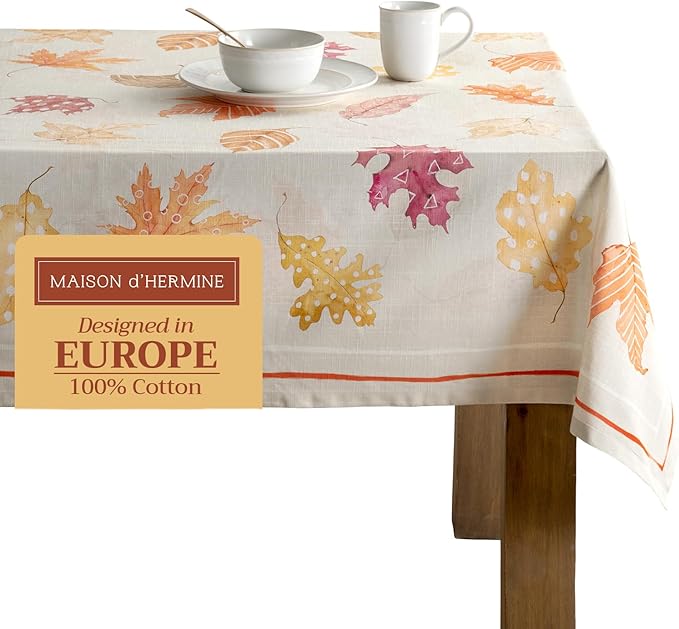 Maison d' Hermine Table Cloth Rectangle Table 100% Cotton 70 x 120 Inches Fall Tablecloth Reusable Everyday Use for Thanksgiving Christmas Decorations Dining Farmhouse Party (Colours of Autumn)