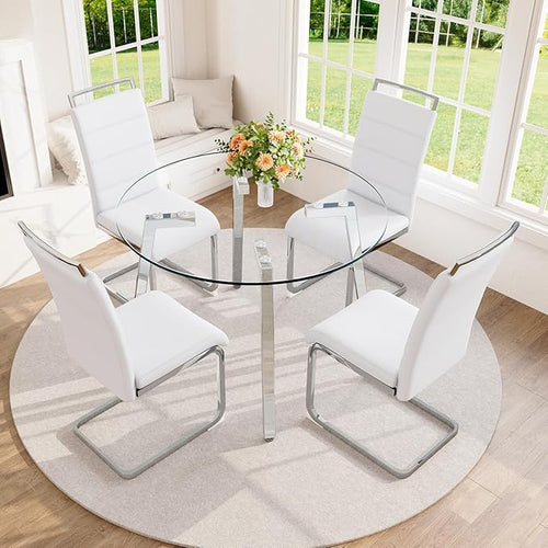 42" Round Glass Dining Table Set for 4,Modern Breakfast Table Set for 4 with Silver Chrome Legs,Space Saving Kitchen Table and White Chairs for Apartment,Easy Assembly